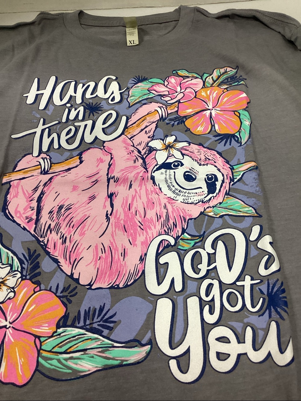 Gray Short Sleeve Tee with Pink Sloth Graphic - Inspirational Message